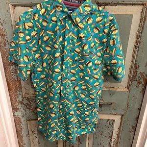Good Vibes hamburger & hot dog summer fun casual shirt Sz Lg